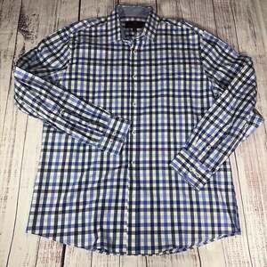 James Tattersall London Men's XL Blue and White Gingham Plaid Long Sleeve Button